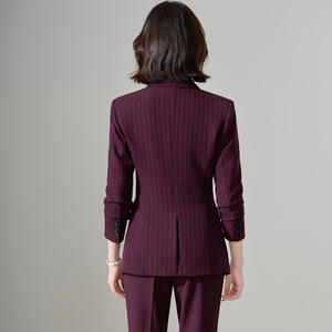 Pink Striped Suit Set Women Double Breasted Blazer Pants Formal Work Wear Autumn British Style Anti-Wrinkle Polyester Fabric - Product Image 4