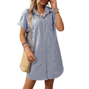 2026 Summer New Women's Sleeveless Striped Cotton and Linen Knee-Length Natural Breathable Shirt <b>Skirt</b> - Product Image 6