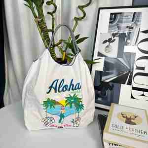 Bolsa de Compras de Hombro de Moda para Mujer, de Nailon Impermeable, con Bordado, Cierre de Cordón, Portátil, para Viajes de Verano, al por Mayor - Product Image 1