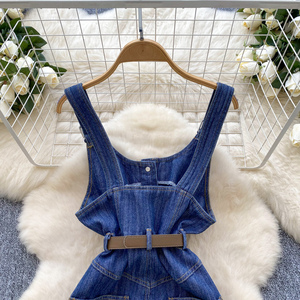 2025 francés Vintage Denim Pinafore <span class=keywords><strong>mujer</strong></span> verano correas ajustables botón abajo cintura <span class=keywords><strong>vestido</strong></span> ajustado - Product Image 4