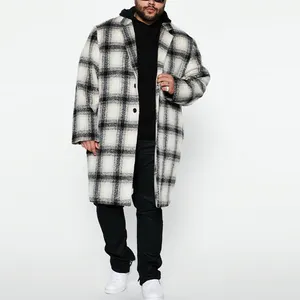 Winter Plaid Wool Overcoat Custom Long Sleeve Single Breasted Long Coats For Men