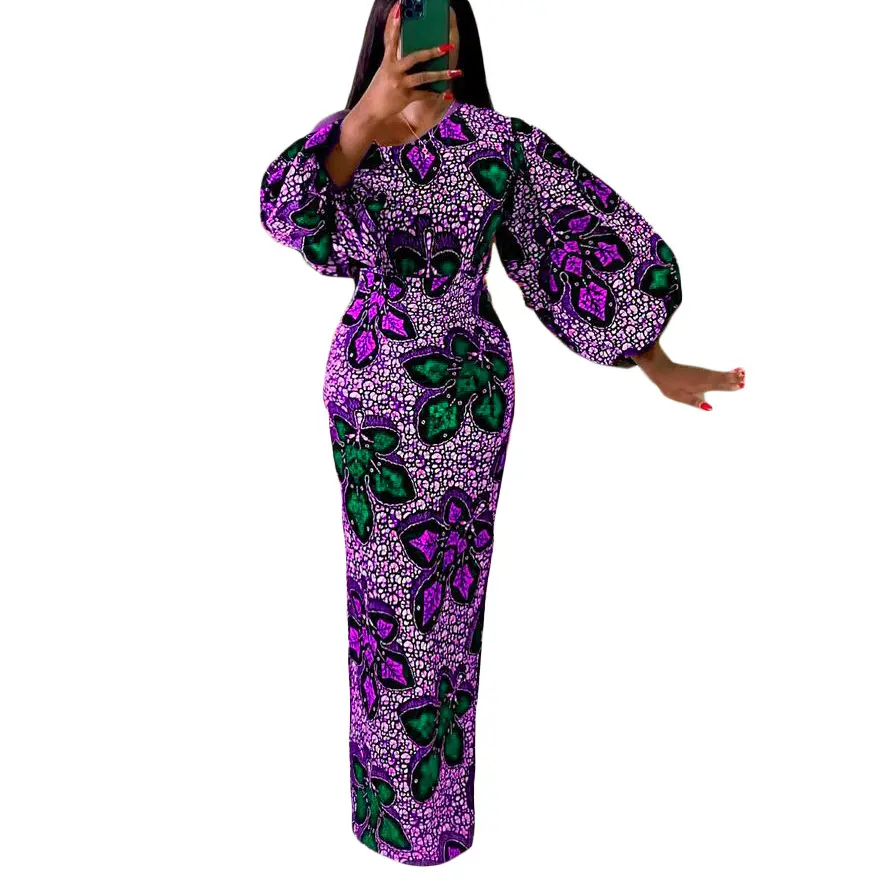 Fall Africa Ladies Inclined Shoulder Formal Attire Print Puff Sleeve Maxi Dresses Elegant Casual Plus Size Women Party Dresses