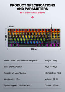 Teclado Mecánico para Juegos T-WOLF T18 USB con Cable, Retroiluminación RGB, 87 Teclas <span class=keywords><strong>TKL</strong></span> para Computadora de Escritorio, Teclado Gamer - Product Image 3