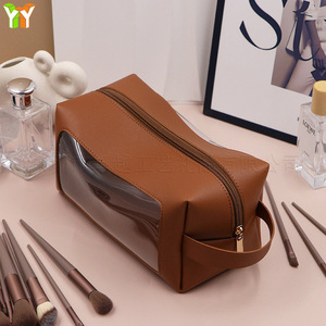 New minimalist transparent cosmetic <b>bag</b>, portable large-capacity storage <b>bag</b>, high-value PU leather patchwork waterproof - Product Image 2