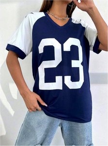 Camiseta de béisbol con cuello en V para mujer, número 23, manga corta, ajuste holgado, ropa deportiva transpirable de poliéster - Product Image 3