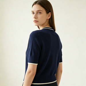 French Style Nautical Preppy Contrast Trim Premium <strong>Navy</strong> <strong>Blue</strong> Cashmere Wool Short Sleeve <strong>Cardigan</strong> with Polished Gold Buttons - Product Image 5