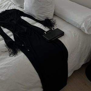 Robe de soirée noire ajustée à manches longues, avec logo personnalisé, épaules tombantes, style bandage, à nouer sur le devant, vente <span class=keywords><strong>en</strong></span> gros - Product Image 6