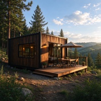 Maisonnette préfabriquée en conteneur maritime, cabane simple revêtue de bois, terrasse extérieure, alimentation solaire, étanche, pour chambre et école