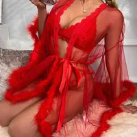 Nouvelle Robe de Nuit Transparente en Maille avec Manches en Fourrure, Couleur Unie Sexy et Respirante