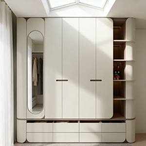 Nouvelle armoire de chambre à coucher de style italien aux tons doux avec rangement en niche incurvée et design de poignée minimaliste, armoire autoportante - Product Image 6