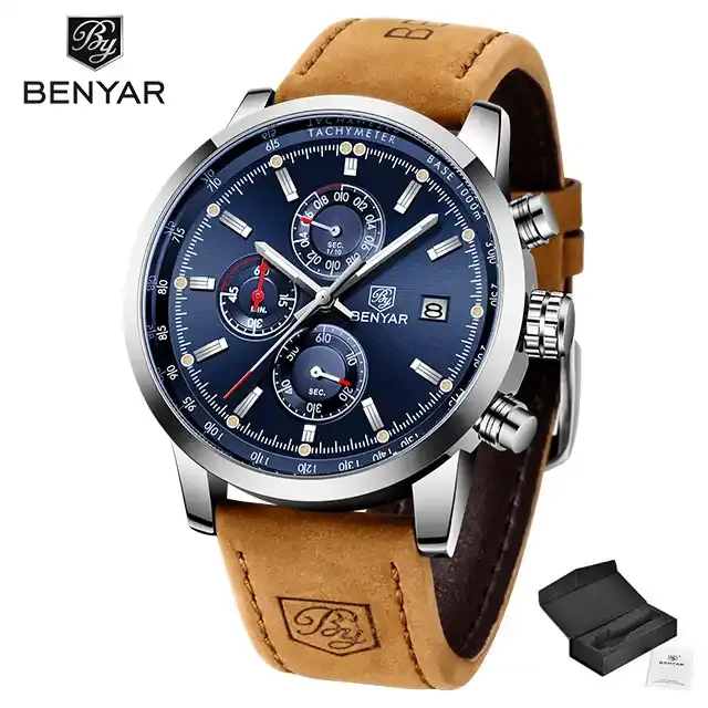 Benyar 5102MファッションレザークロノグラフデイトメンズタイミングビジネスルミナスクォーツウォッチRelojes Para Hombres