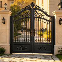 Portail double élégant en fer forgé de style européen, noir mat, porte d'entrée ornementale en métal forgé à la main