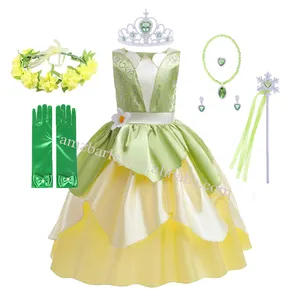 Hot Princess Tiana Costume for Girls Birthday Party Dress Up Halloween Cosplay Kids The Princess and the Frog Role Play Dresses