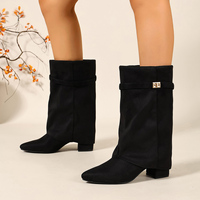 Bottines mi-mollet souples en faux daim pour femme, à bout pointu, talon carré, boucle métallique, tige repliable, style western vintage