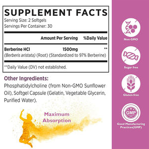 Großhandel OEM Private Label Nahrungsergänzungsmittel Organische Vegane 1500mg Berberin HCL Extrakt Softgel-Kapseln - Product Image 5