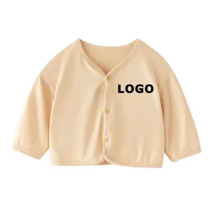 Groothandel Custom Ademende Kinderkleding Unisex Modaal Katoen Schattige Stevige Knopen Ontwerp Baby Blouse Shirt Tops Losse Jas