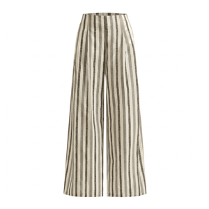 Pantalon long décontracté d'été pour femme, coupe ample, taille haute élastique, en satin tissé à rayures verticales - Product Image 1