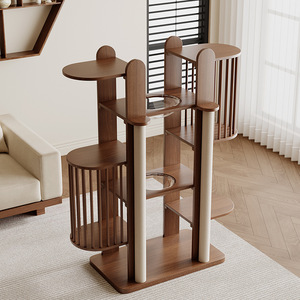 Mesa de Salto para Gatos de Madera Maciza Color Nogal, Árbol para Gatos de Lujo con Nido Grande Integrado y Cierre de Botón para Sala de Estar - Product Image 4