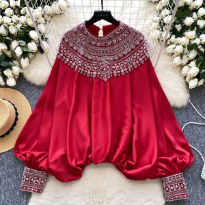 Blouse Woman High-End Style Heavy Industry Nailed Bead <strong>Glitter</strong> Loose Slimming Satin <strong>Top</strong> Woman Blouses for <strong>Lady</strong> - Product Image 3