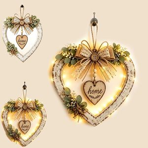 Décoration murale rustique en forme de cœur avec inscription « Home » éclairée, décoration suspendue en bois pour la maison, Saint-Valentin, motif floral botanique - Product Image 1