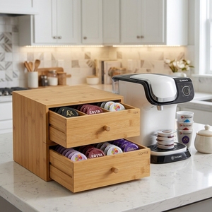 Organizador de Café de Bambú con 2 Cajones, Caja de Almacenamiento de Té con Etiquetas Grabadas para Cápsulas <span class=keywords><strong>Nespresso</strong></span> y K-Cup, Nuevo - Product Image 2