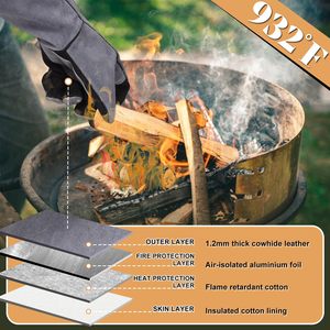 Gants en cuir noirs résistants à la chaleur extrême de 16 pouces pour barbecue, feu de cheminée, camping et extérieur, en aluminium - Product Image 5