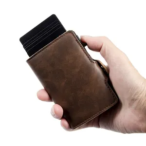 Özel cüzdan üretici PU deri Minimalist Bifold Pop Up cüzdan RFID güvenli slayt akıllı kart tutucu Portefeuille Homme Cuir