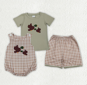 Sibling Baby Boys Embroidery Ducks Top Checked Short Hunting <b>Clothes</b> Set Rompers - Product Image 1
