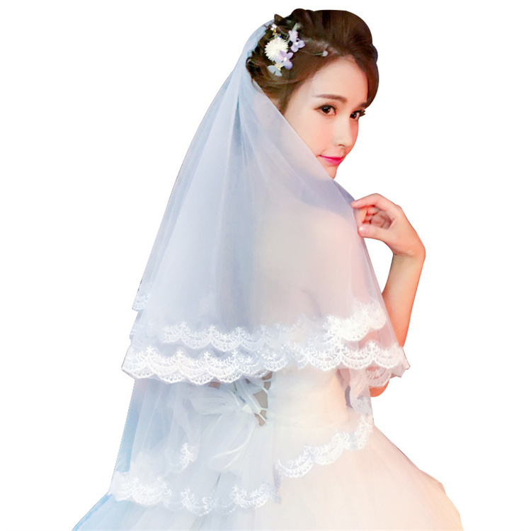 Оптовая продажа, короткая кружевная двухслойная свадебная фата, мягкая свадебная фата с гребнем