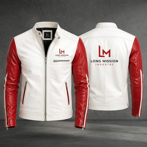 Chaqueta de Moto para Hombre LONG MISSION INDUSTRY, Blanca y Roja, de Cuero, con Calefacción, para Invierno, Cuello Mao, Cierre de Cremallera, Corte Ajustado, Largo Regular - Product Image 3