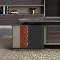 Luxury Dark Wood Contemporary Convertible Extendable Executive Office Desk with LED Wall Cabinet LIYU CEO Desk