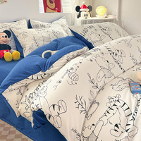 Parure de Lit Grand Lit 4 Pièces en Pur Coton Bleu Dessin Animé, Housse de Couette, Drap de Lit et Drap Housse Imprimés