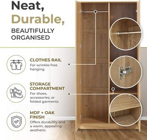Armoire moderne en bois 2 portes 176X80X52 <span class=keywords><strong>cm</strong></span> avec 1 tringle à vêtements 4 compartiments Aspect chêne - Product Image 3