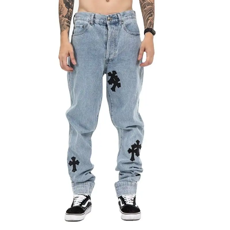 Casual chrome stylish washed cross jeans homme loose straight hearts pants moto trousers high street ventage denim jeans for men