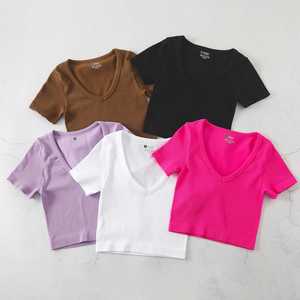 Top Corto da Donna a Maniche Corte con Scollo a V, Tinta Unita, Senza Cuciture, in Maglia a Costine Elasticizzata, Stile Streetwear Casual - Product Image 1