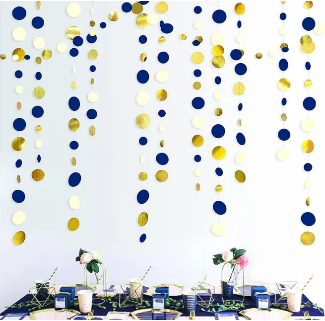 Blue Gold Circle Dots ghirlanda Hanging Paper Polka Dots streamer per compleanno fidanzamento anniversario matrimonio decorazioni per feste di natale