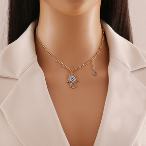 Ensemble de perles Fatima Hamsa en acier inoxydable plaqué or 18 carats avec mauvais œil bleu Pendentif <span class=keywords><strong>à</strong></span> la main Chaîne Collier Bracelet Boucles d'oreilles - Product Image 2