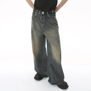 Jeans baggy droits personnalisés pour hommes, style streetwear, en denim de coton délavé foncé, effet usé, vintage et tendance - Product Image 1