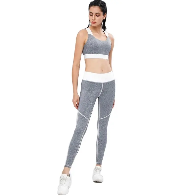 KY High Strech Fitness Gym Apparel Grey Fishnet Insert Cross Gym Bra And Legging Set Gym Outfit Women Sports Wear Track Suit