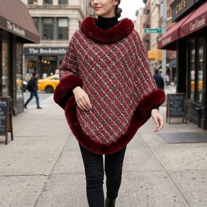 Manteaux d'hiver pour femmes <span class=keywords><strong>de</strong></span> haute qualité, fabriqués en usine, en tissu jacquard <span class=keywords><strong>pied</strong></span>-<span class=keywords><strong>de</strong></span>-<span class=keywords><strong>poule</strong></span>, avec col en fausse fourrure, cape, <span class=keywords><strong>poncho</strong></span>, châle - Product Image 1