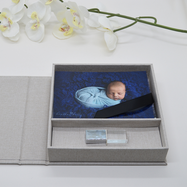 Premium Handmade Vintage Linen Photo Memory Box Custom Printed Logo USB Organizer for Family Baby Memory