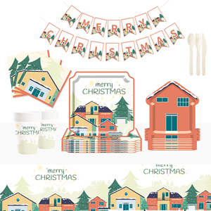 Juego de Vajilla Desechable DAMAI Personalizado para Fiesta de Navidad con Diseño de Casas Rojas, Platos, Vasos y Servilletas de Papel - Product Image 1