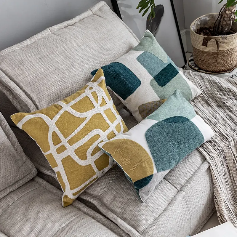 Monad Teal and Yellow Hand Embroidery Cotton Geometric Sofa Couch Chair Throw Pillow Set Home Decorative Cushion Cover
