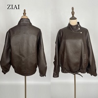 Veste en cuir marron courte pour femme, veste en cuir PU texturé, coupe ample