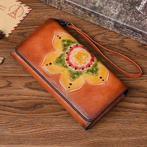 Ando Bag Genuine Leather Trifold Wallet Women Floral <b>Embossed</b> Long Purse with Wrist Strap <b>Card</b> Slots - Product Image 2