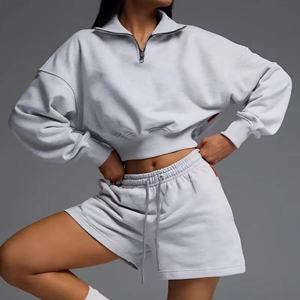 ชุดเซ็ทลำลองสองชิ้นราคาประหยัด เสื้อทรงหลวมแบบดรอปไหล่ กางเกงขาสั้นเอวยางยืดผ้าฝ้ายเฟรนช์เทอร์รี่ ทรงเอไลน์ ใส่ได้ทุกวัน - Product Image 1