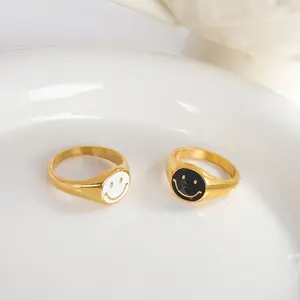 Micci Groothandel Vrouwen 18K Vergulde Roestvrijstalen Sieraden Zelf Liefde Emaille Schattige Vrolijke Smile Smiley Face Ring Voor Vrouwen Meisje