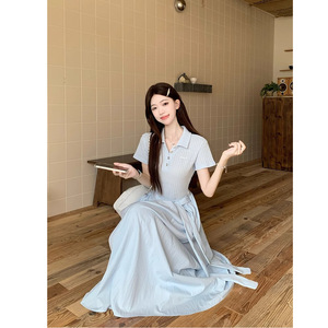 French Style Blue Fitted Waist Dress Women Polo Collar Tie Waist Long Dress Daily Casual Wear - Product Image 3