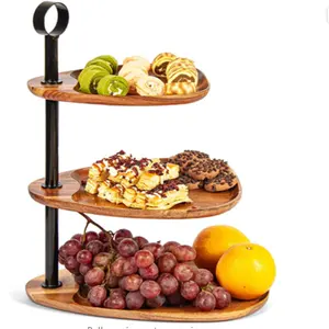 3 Tiered Tray Wood Serving Stand With Metal Handle For Kitchen Wood Pizza Tray Acacia Wood Tray