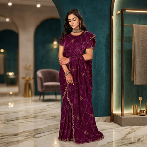 Sari de fiesta con trabajo de cuentas, tela satinada elegante, diseño de drapería para bodas, recepciones, festivales y celebraciones nocturnas. - Product Image 1